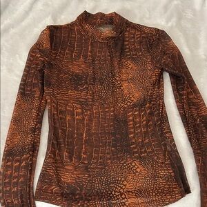 Brown mesh Crocodile Print Long Sleeve Top